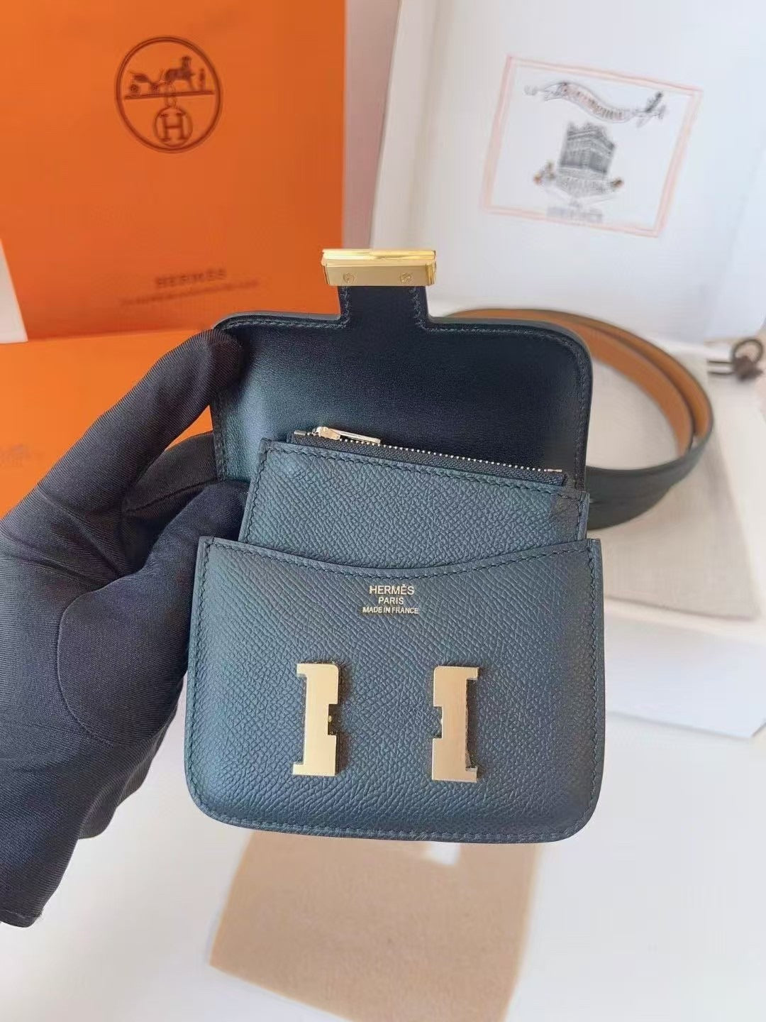 HERMES KELLY CONSTANCE SLIM WALLET BELT IN BLACK CALFSKIN GOLD HARDWARE