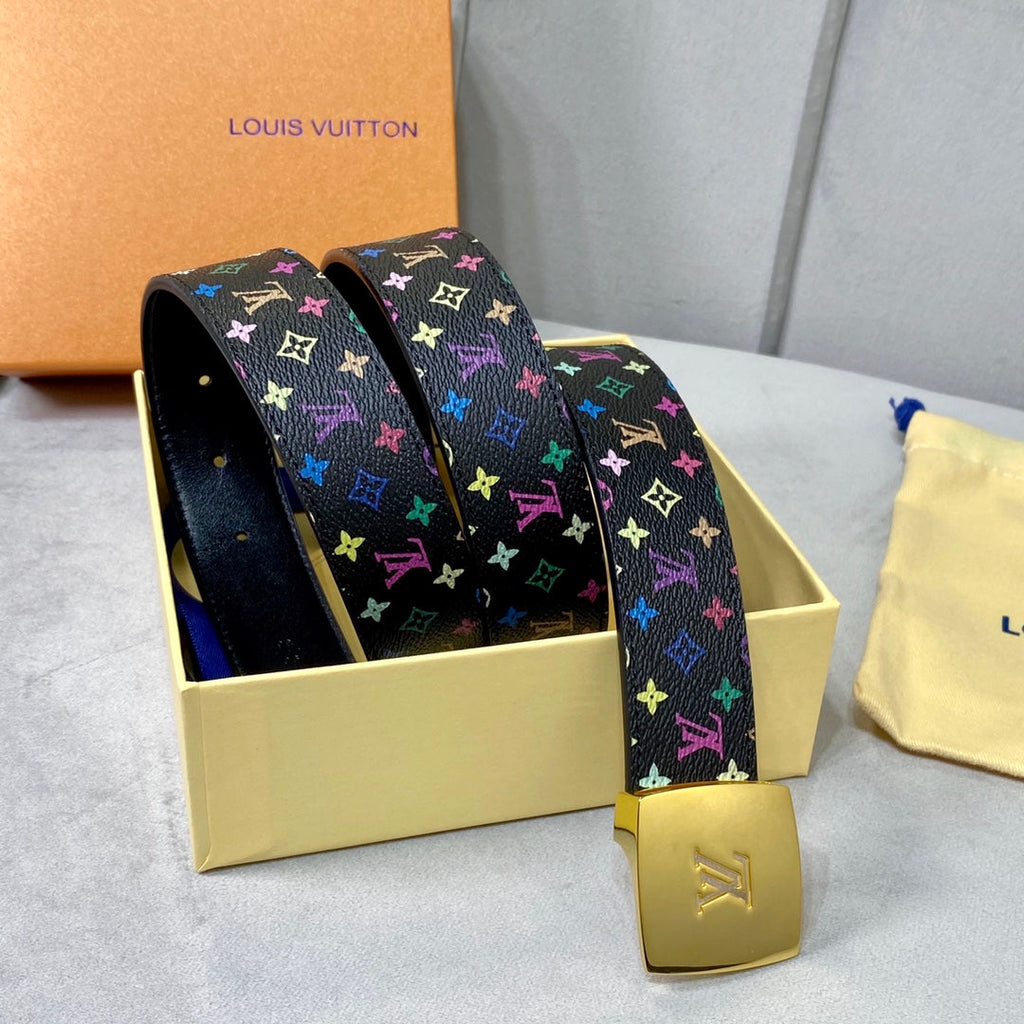 LOUIS VUITTON LV 35 MM BELT MULTICOLOR MIX BLACK MONOGRAM CALFSKIN GOLD HARDWARE