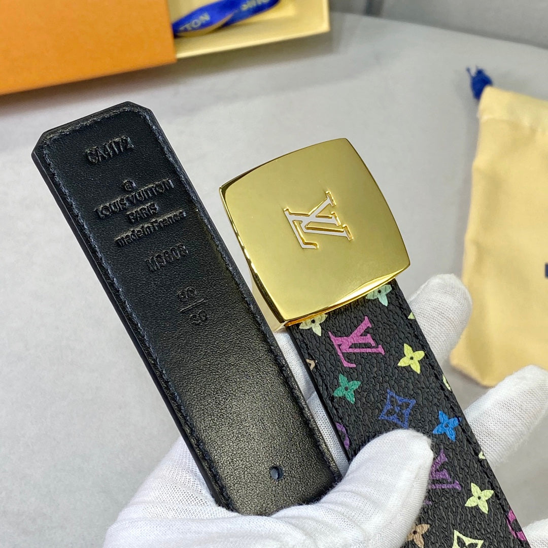 LOUIS VUITTON LV 35 MM BELT MULTICOLOR MIX BLACK MONOGRAM CALFSKIN GOLD HARDWARE