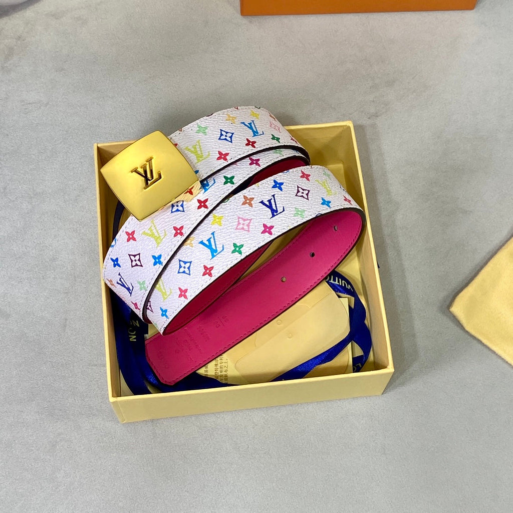 LOUIS VUITTON LV 35 MM BELT MULTICOLOR WHITE MIX LIGHT PINK MONOGRAM CALFSKIN GOLD HARDWARE