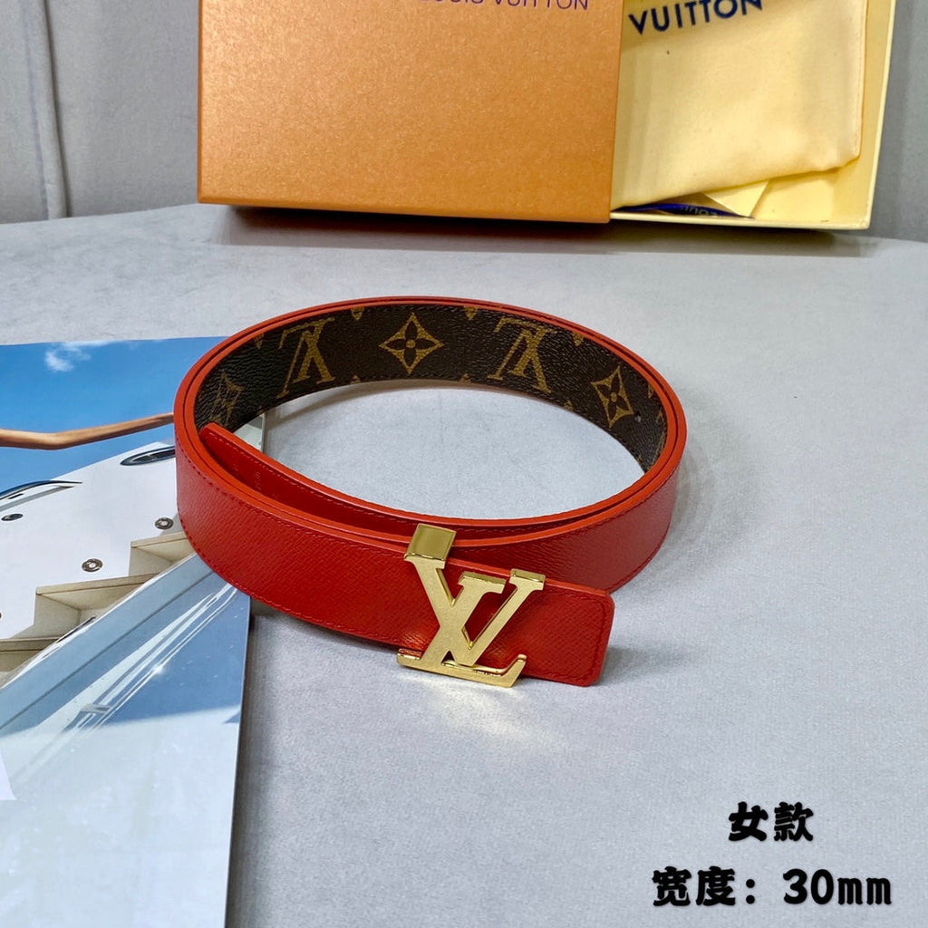 LOUIS VUITTON LV INITIALES 30 MM REVERSIBLE BELT IN BROWN MONOGRAM AND CHERRY RED CALFSKIN GOLD HARDWARE