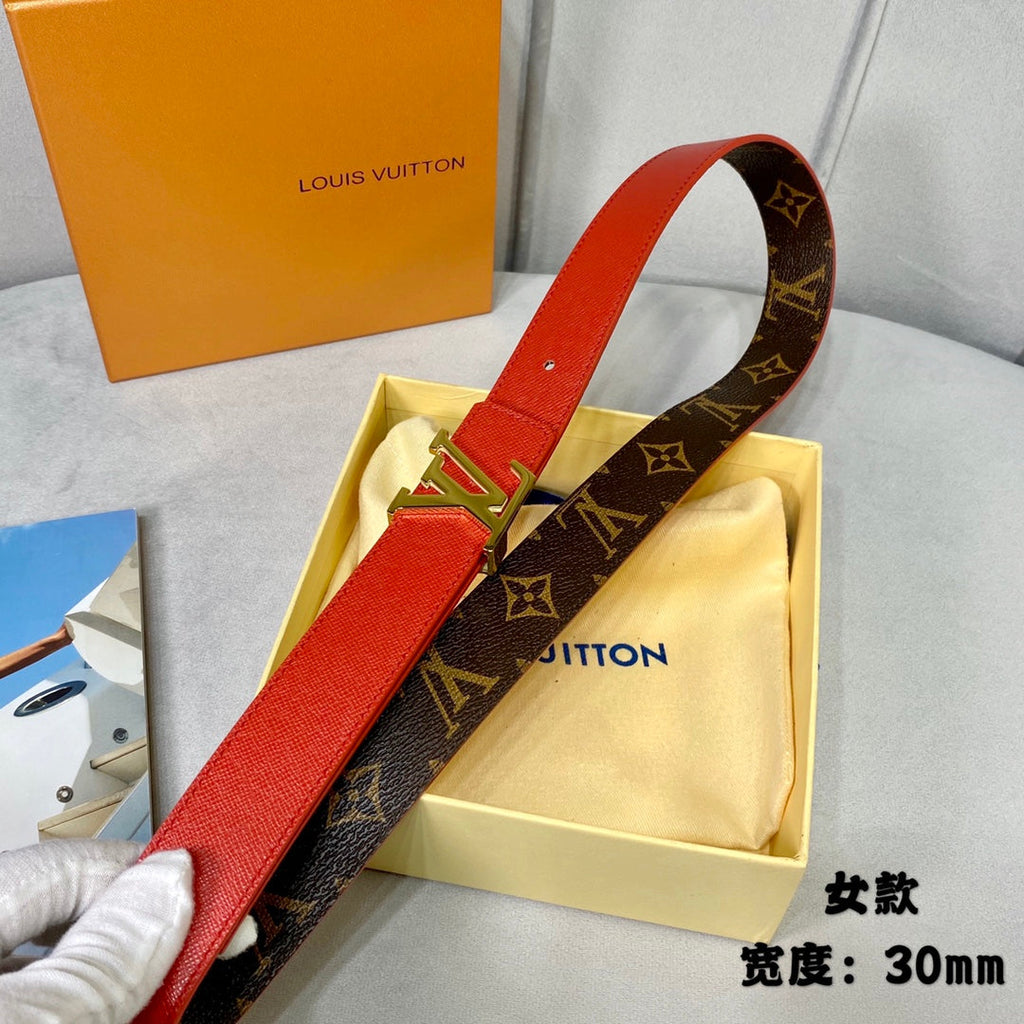 LOUIS VUITTON LV INITIALES 30 MM REVERSIBLE BELT IN BROWN MONOGRAM AND CHERRY RED CALFSKIN GOLD HARDWARE