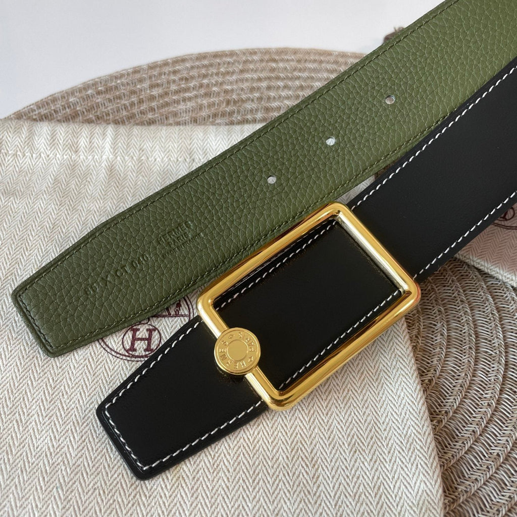 HERMES OSCAR BELT BUCKLE & REVERSIBLE OLIVE GREEN LEATHER STRAP 38MM GOLD HARDWARE
