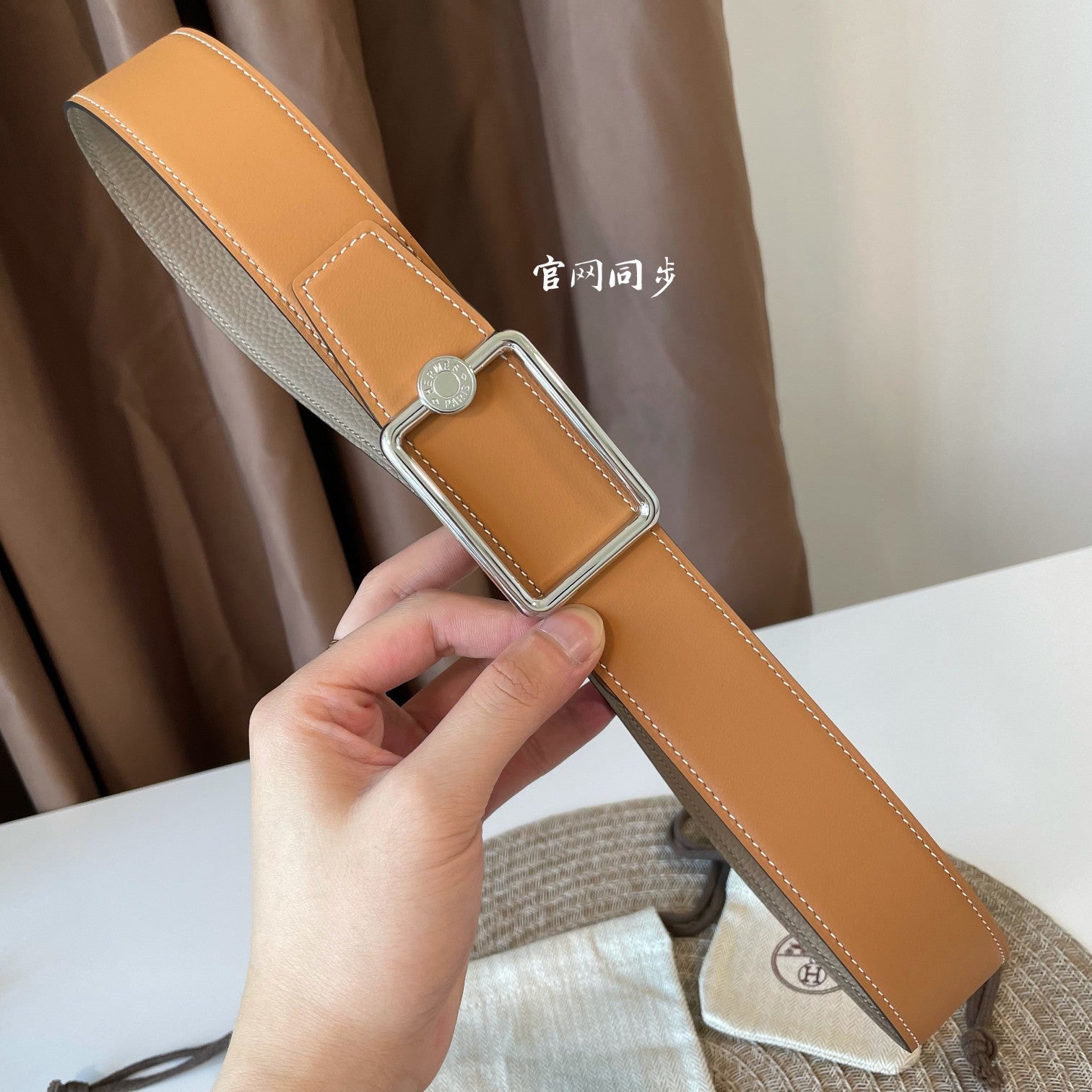 HERMES OSCAR BELT BUCKLE & REVERSIBLE KHAKI BROWN AND ORANGE LEATHER STRAP 38MM SILVER HARDWARE