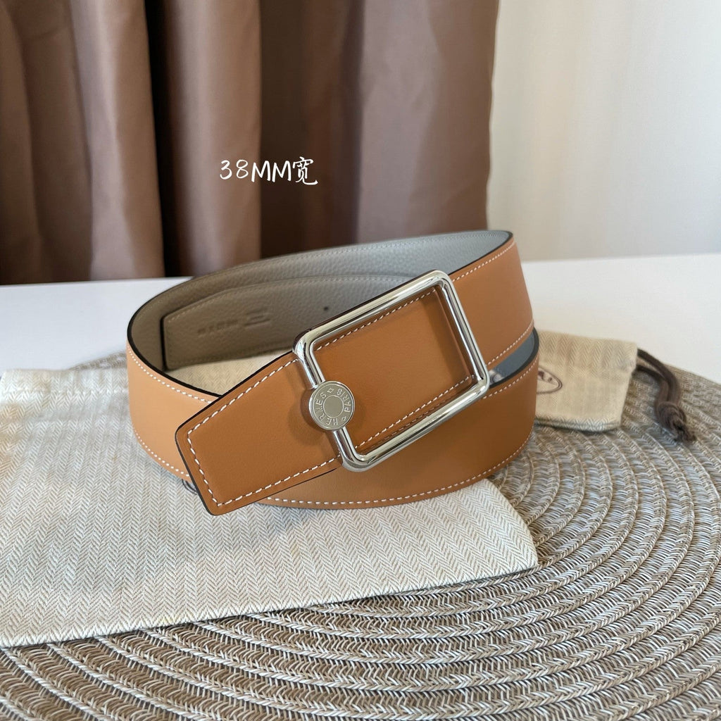 HERMES OSCAR BELT BUCKLE & REVERSIBLE KHAKI BROWN AND ORANGE LEATHER STRAP 38MM SILVER HARDWARE