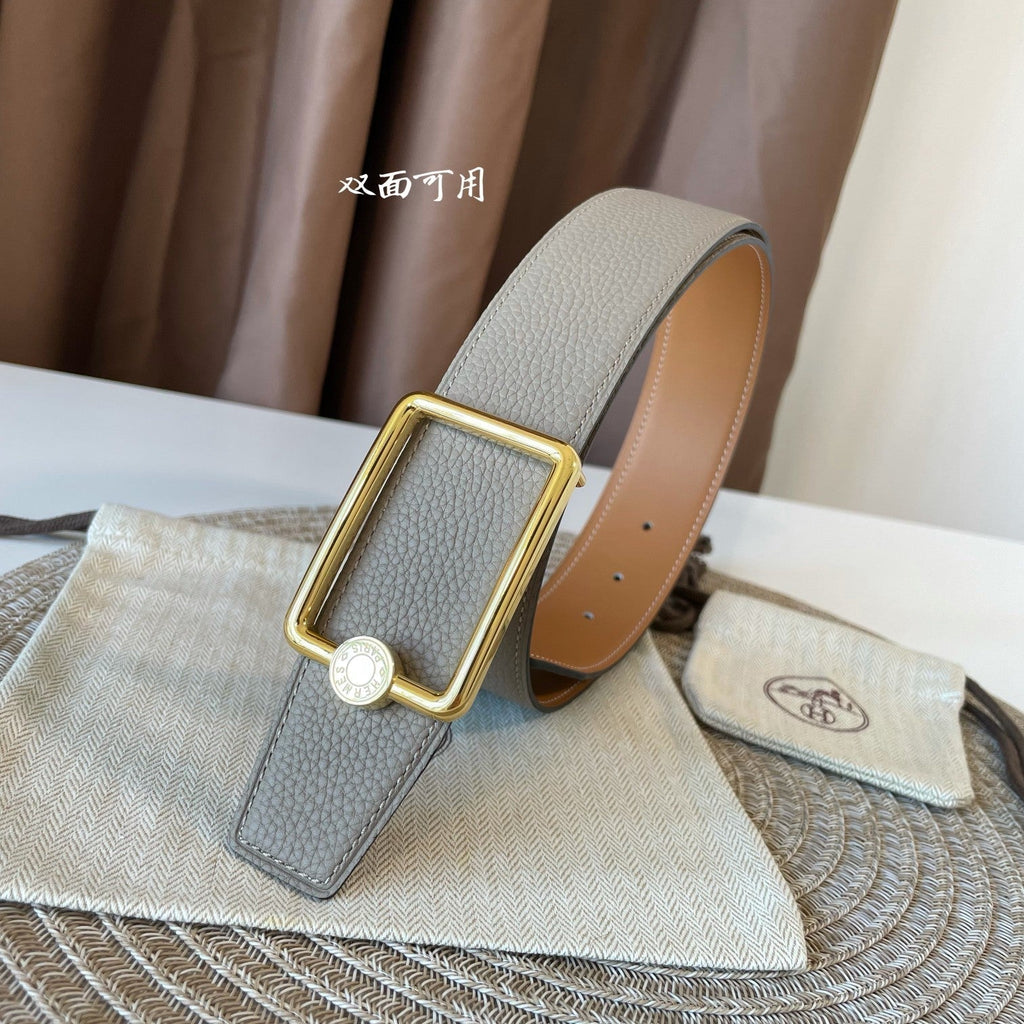 HERMES OSCAR BELT BUCKLE & REVERSIBLE KHAKI BROWN AND ORANGE LEATHER STRAP 38MM GOLD HARDWARE