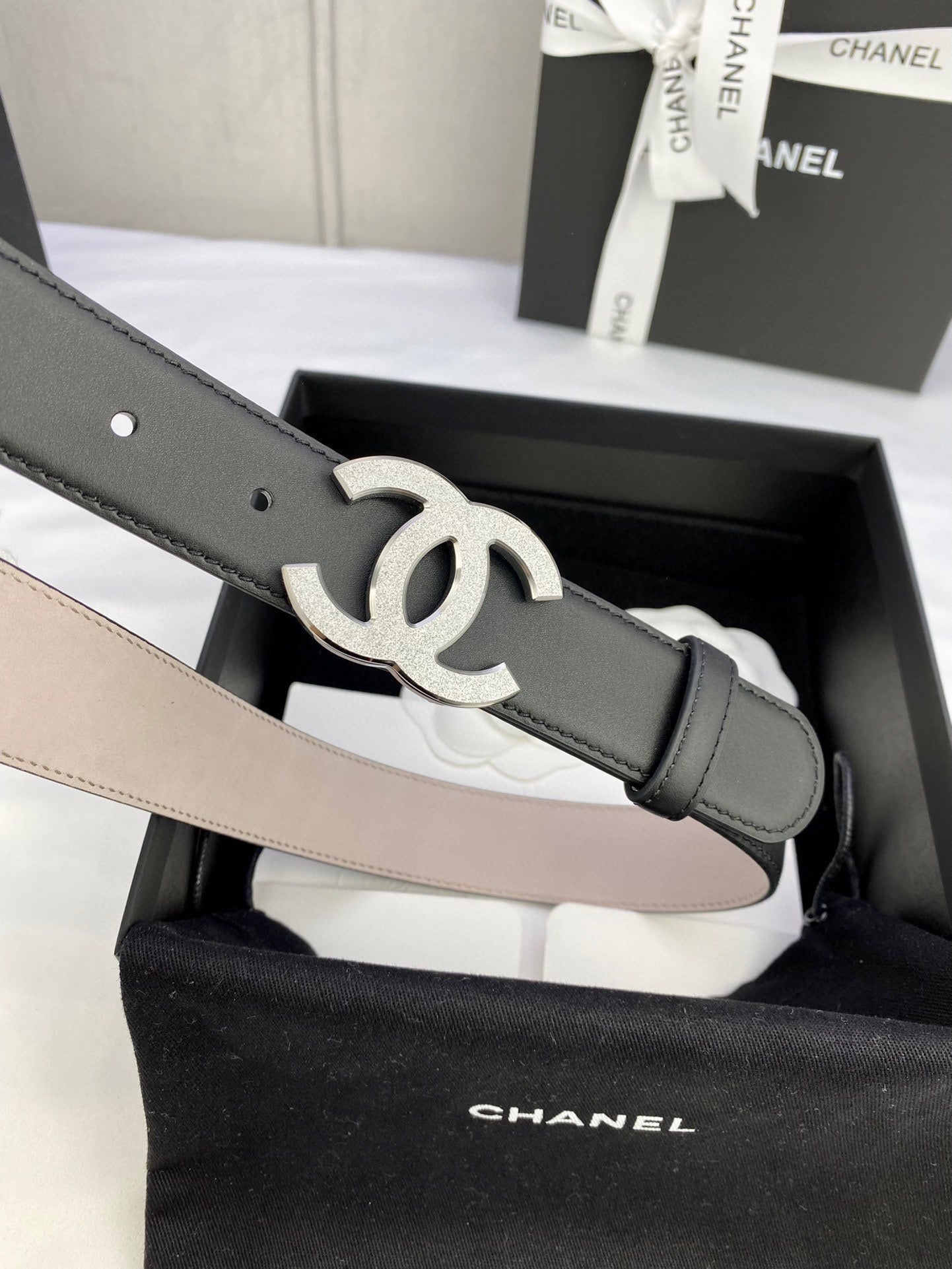 CHANEL DOUBLE C BELT 30MM IN BLACK CALFSKIN METAL BUCKLE