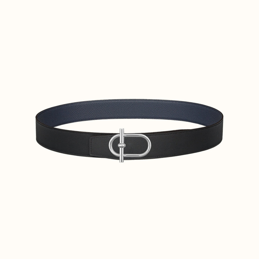 HERMES ITHAQUE BELT SILVER BUCKLE & REVERSIBLE NAVY BLUE AND BLACK LEATHER STRAP 38MM