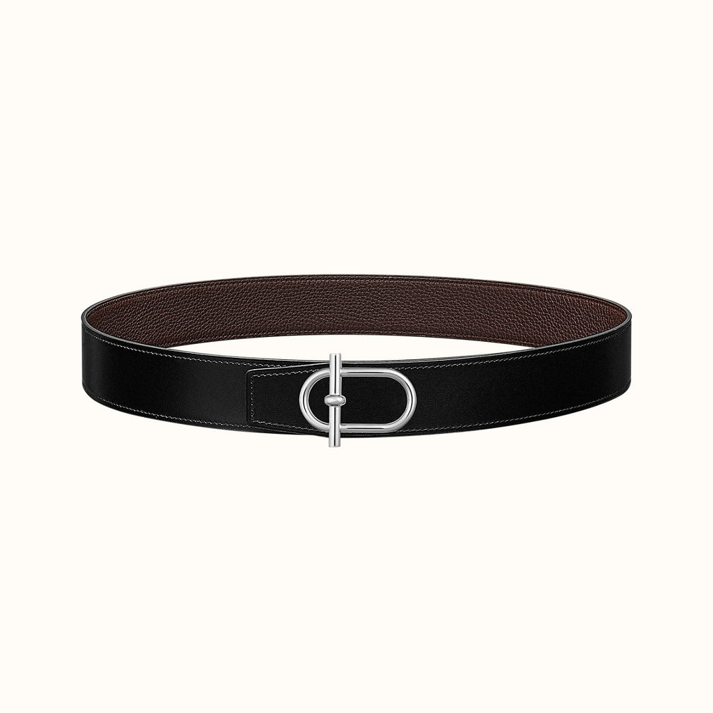 HERMES ITHAQUE BELT SILVER BUCKLE & REVERSIBLE CHOCOLATE BROWN AND BLACK LEATHER STRAP 38MM