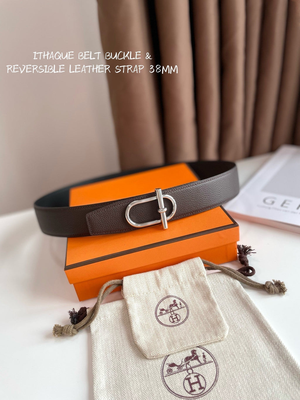 HERMES ITHAQUE BELT SILVER BUCKLE & REVERSIBLE CHOCOLATE BROWN AND BLACK LEATHER STRAP 38MM