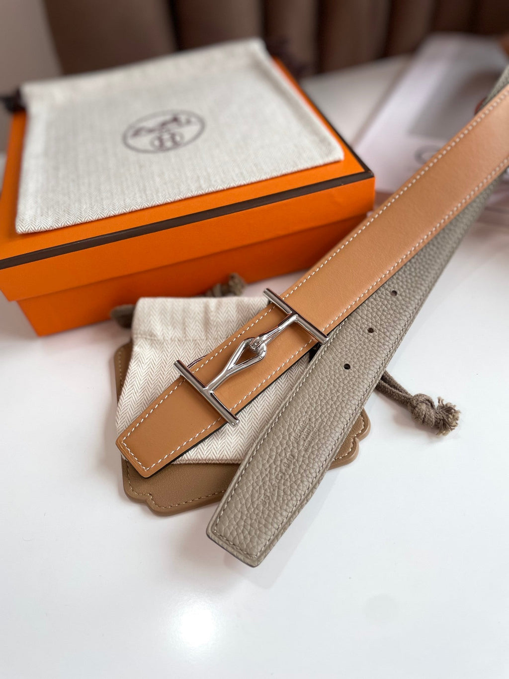 HERMES JUMBO BELT SILVER BUCKLE & REVERSIBLE CAMEL BROWN AND ORANGE LEATHER STRAP 32MM