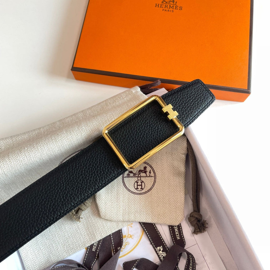 HERMES TUBE H BELT SILVER BUCKLE & REVERSIBLE BLACK LEATHER STRAP 38MM