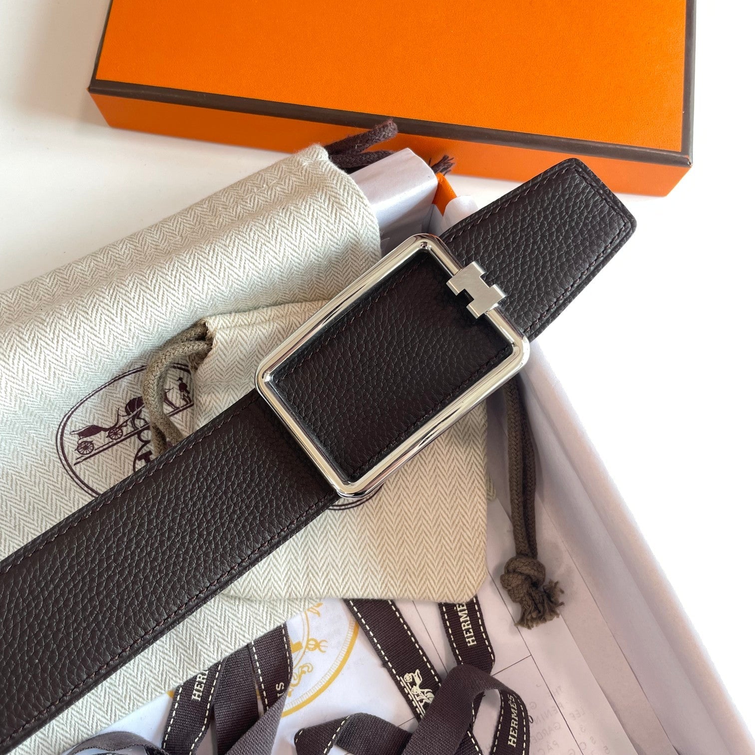 HERMES TUBE H BELT SILVER BUCKLE & REVERSIBLE DARK BROWN LEATHER STRAP 38MM