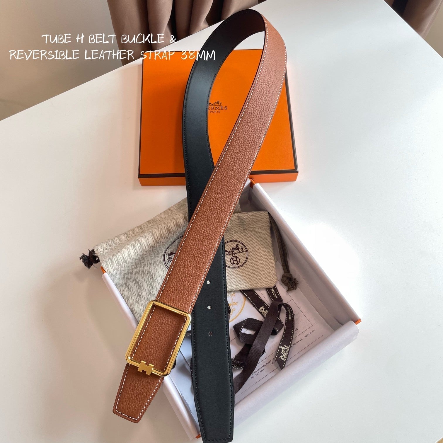 HERMES TUBE H BELT BUCKLE & REVERSIBLE BLACK AND CINNAMON BROWN LEATHER STRAP 38MM GOLD HARDWARE