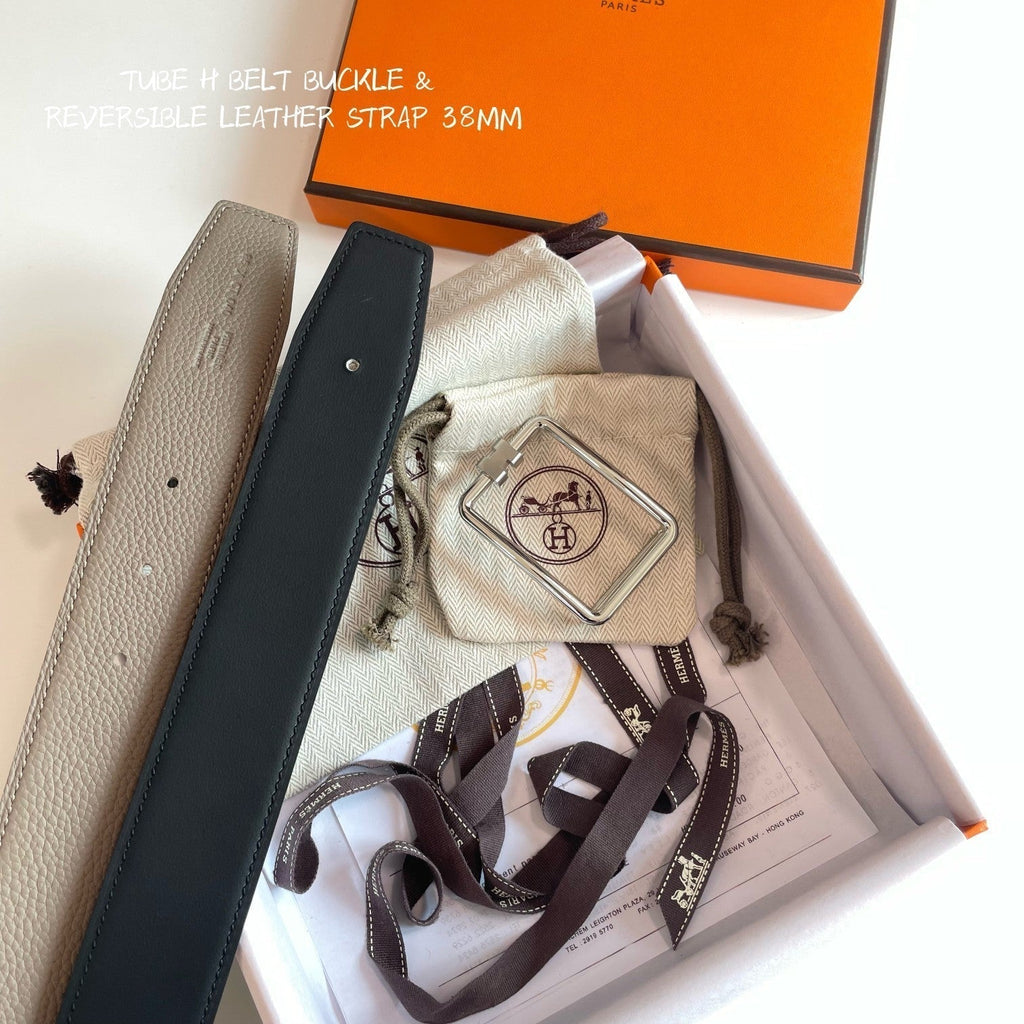HERMES TUBE H BELT BUCKLE & REVERSIBLE KHAKI BROWN AND BLACK LEATHER STRAP 38MM SILVER HARDWARE