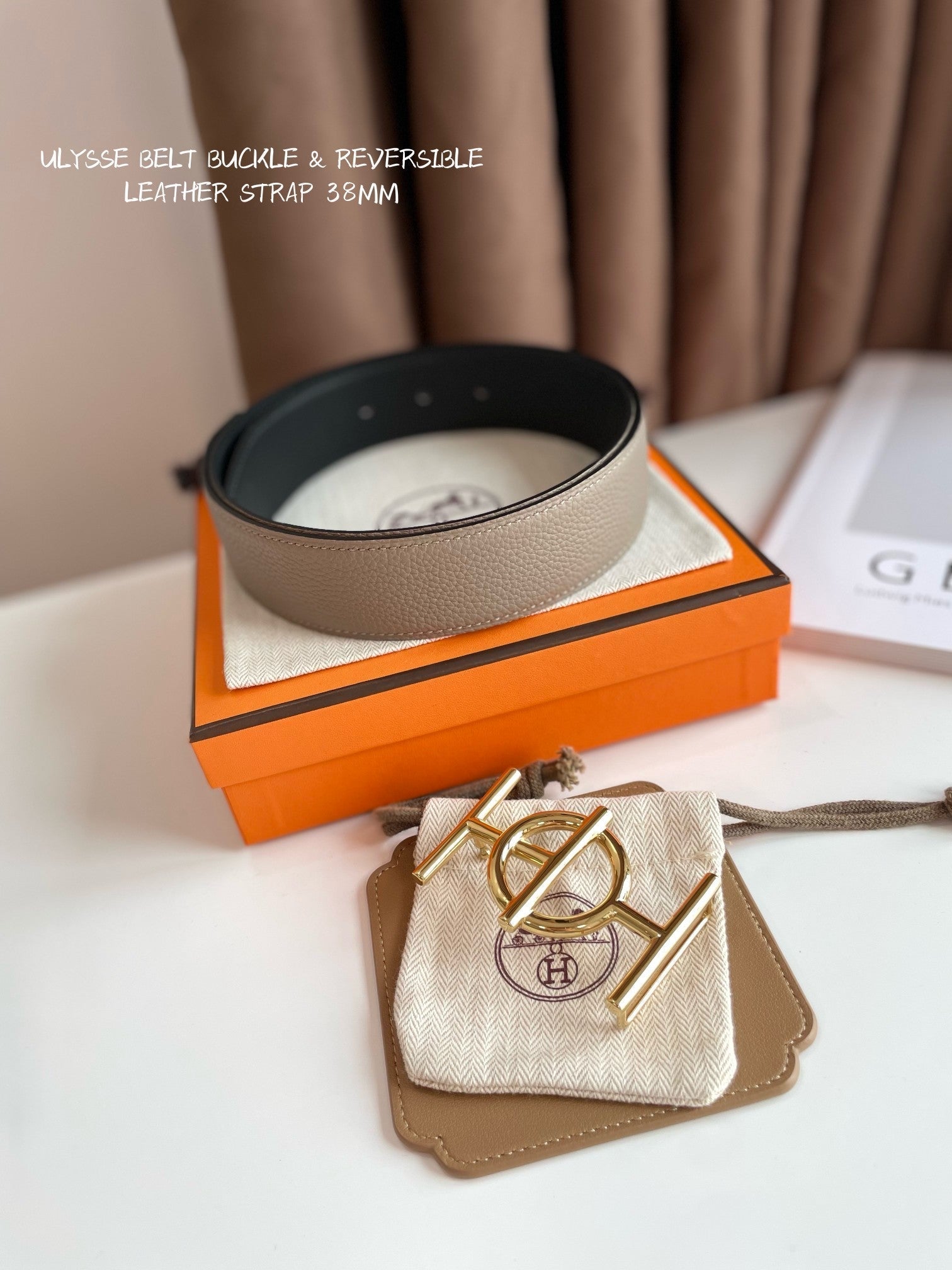 HERMES ULYSSE BELT BUCKLE & REVERSIBLE KHAKI BROWN LEATHER STRAP 38MM GOLD HARDWARE