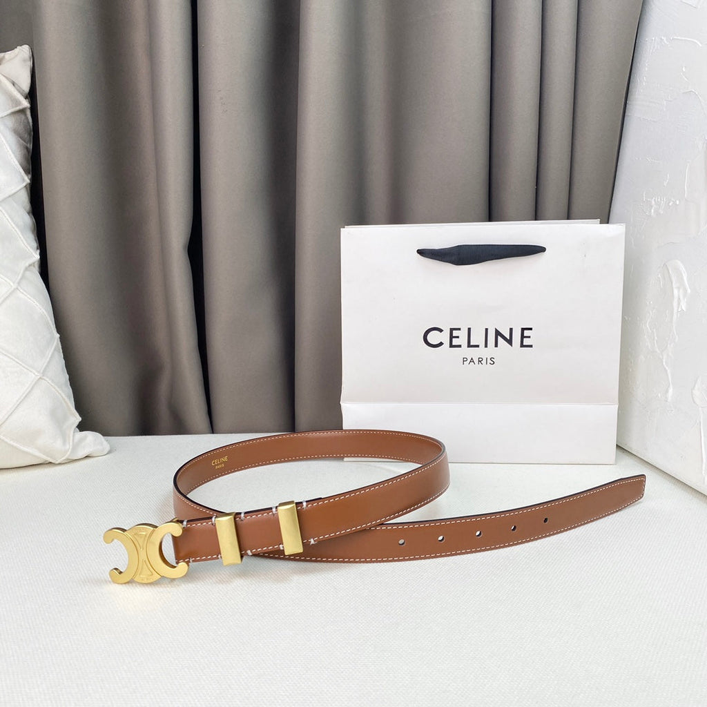 CELINE Medium Triomphe Belt 25mm Tan Calfskin Gold Loop Ghw