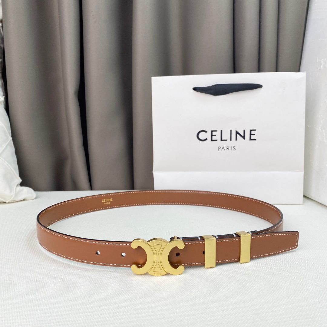 CELINE Medium Triomphe Belt 25mm Tan Calfskin Gold Loop Ghw