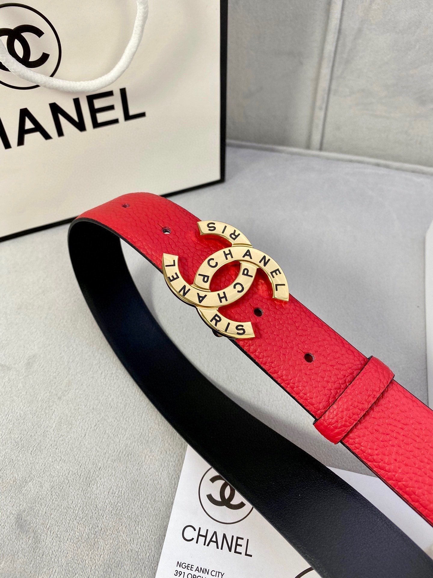CHANEL 30MM BELT IN CHERRY RED SMOOTH CALFSKIN WITH GOLD HARDWARE