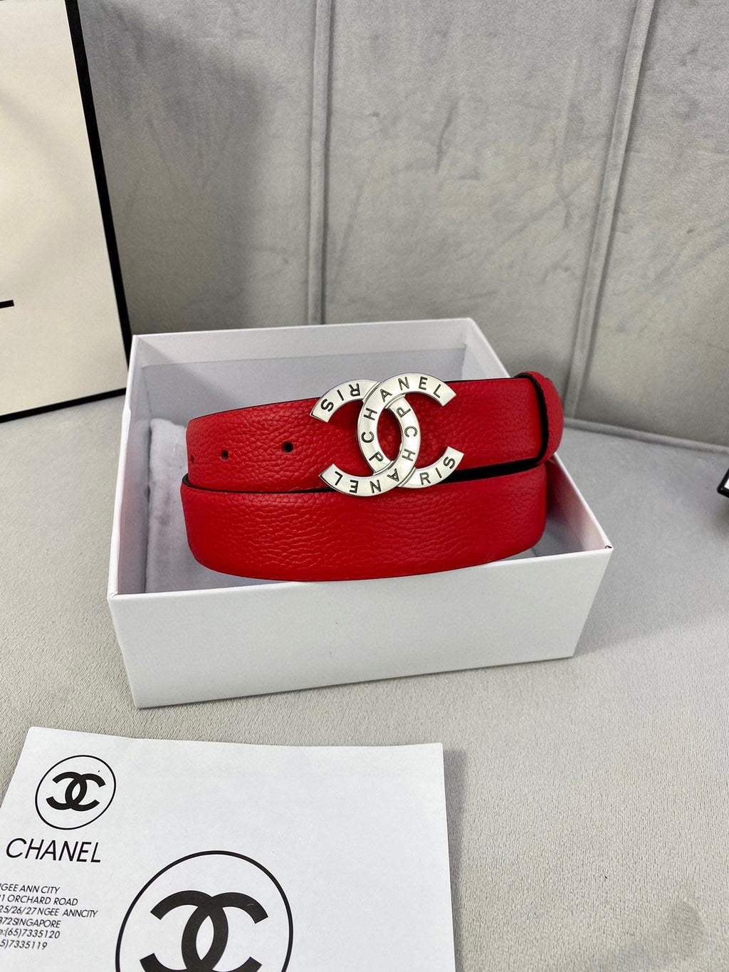 CHANEL 30MM BELT IN CHERRY RED SMOOTH CALFSKIN WITH SILVER HARDWARE