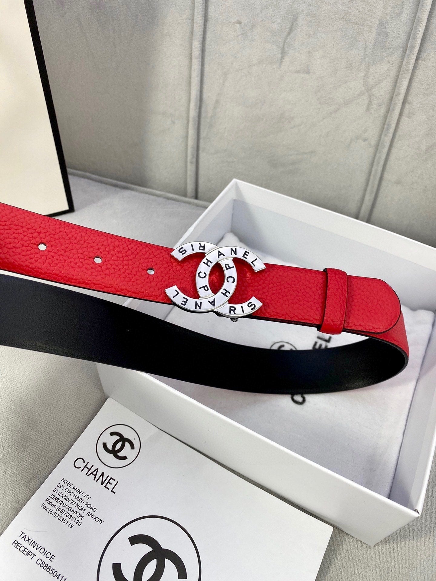 CHANEL 30MM BELT IN CHERRY RED SMOOTH CALFSKIN WITH SILVER HARDWARE