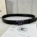 CHANEL 30MM BELT IN BLACK GRAINED CALFSKIN WITH NAVY BLUE METAL LOGO
