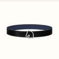 HERMES BOUCLE BELT BUCKLE & REVERSIBLE NAVY BLUE AND BLACK AND WHITE LEATHER STRAP 38MM SILVER HARDWARE