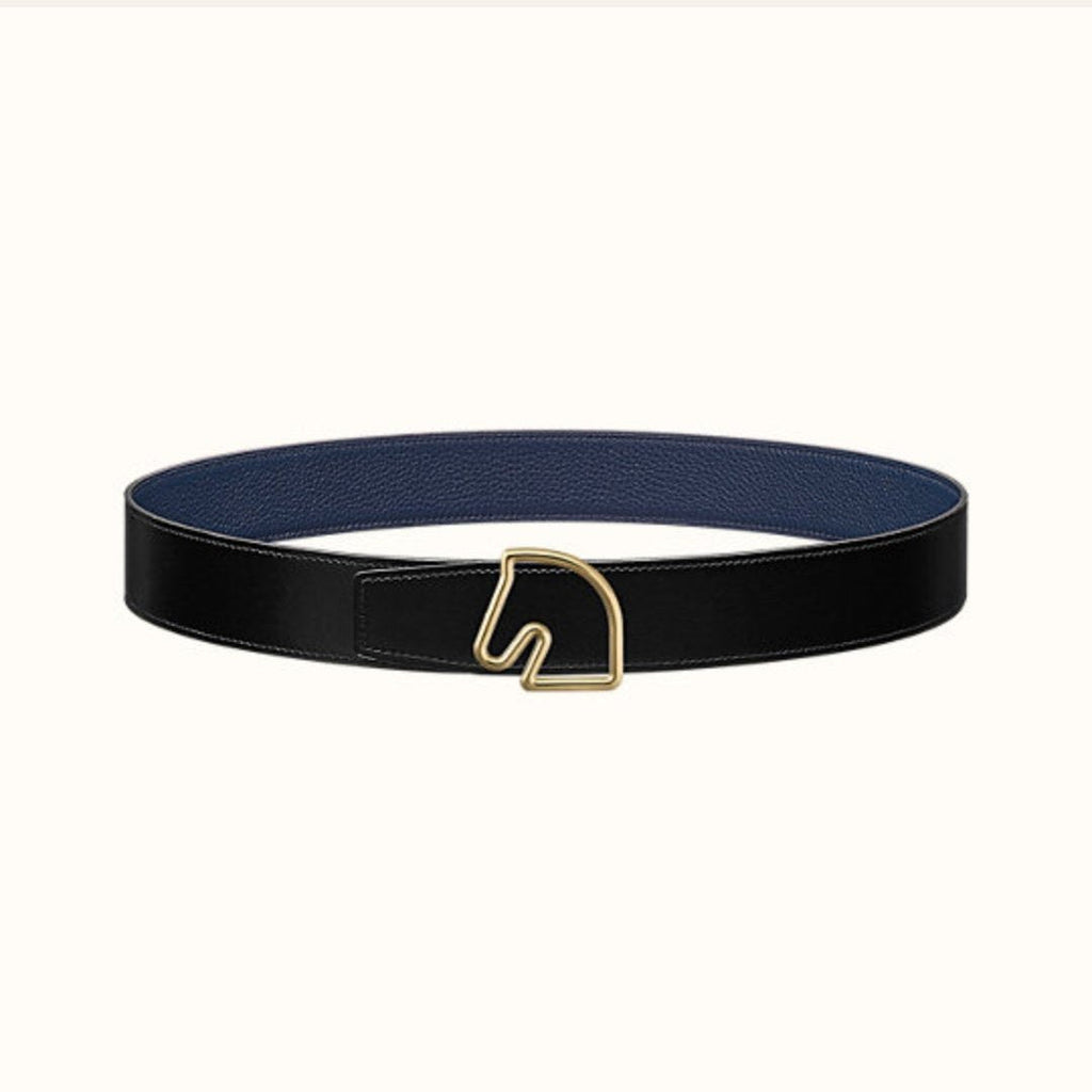HERMES BOUCLE BELT BUCKLE & REVERSIBLE NAVY BLUE AND BLACK AND WHITE LEATHER STRAP 38MM GOLD HARDWARE