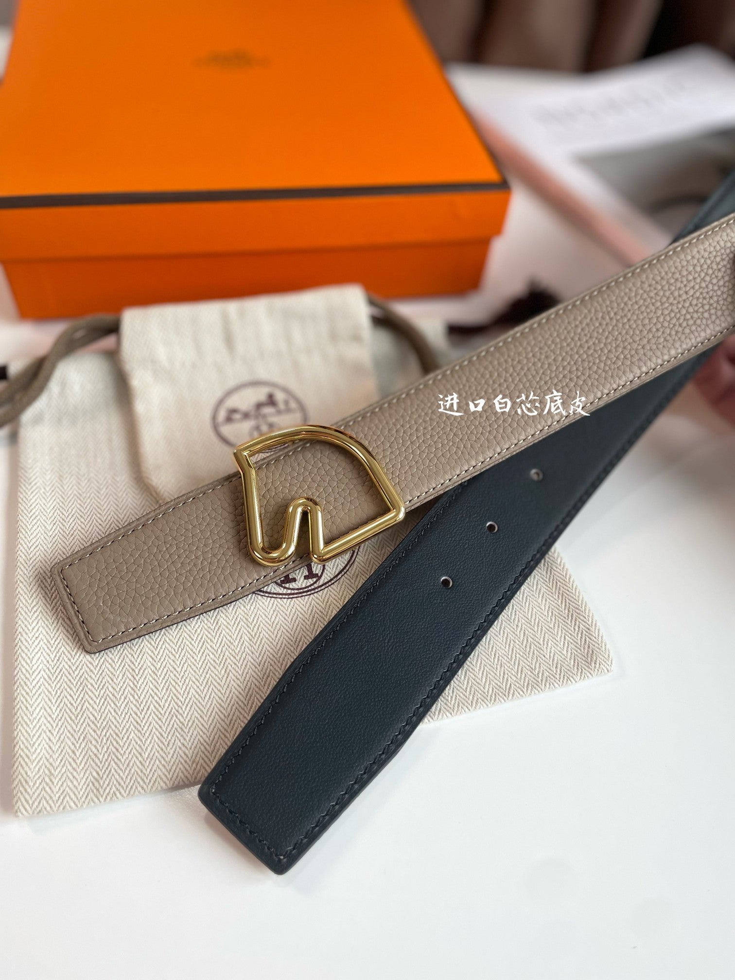 HERMES BOUCLE BELT BUCKLE & REVERSIBLE KHAKI BROWN LEATHER STRAP 38MM GOLD HARDWARE