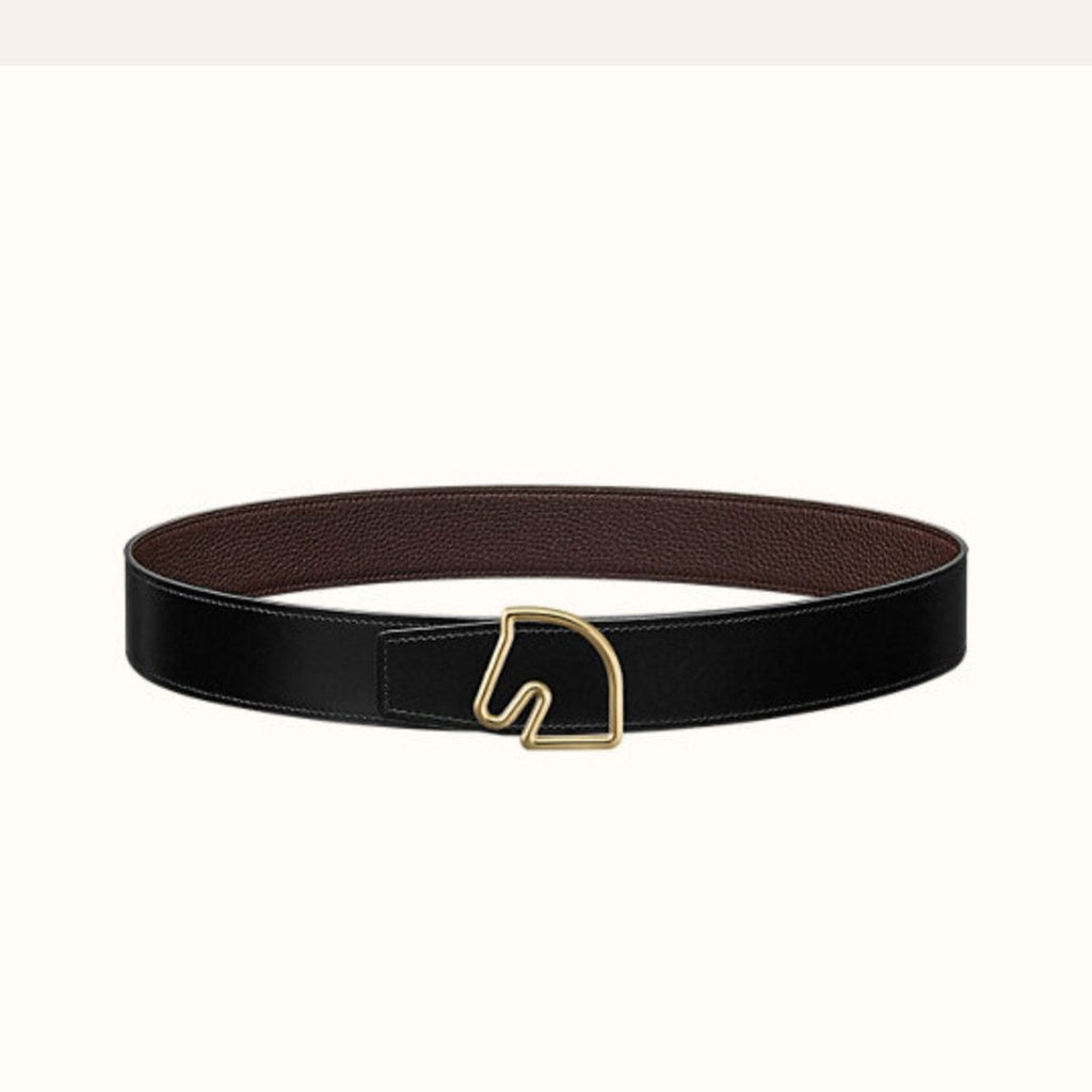 HERMES BOUCLE BELT BUCKLE & REVERSIBLE CHOCOLATE BROWN AND BLACK LEATHER STRAP 38MM GOLD HARDWARE