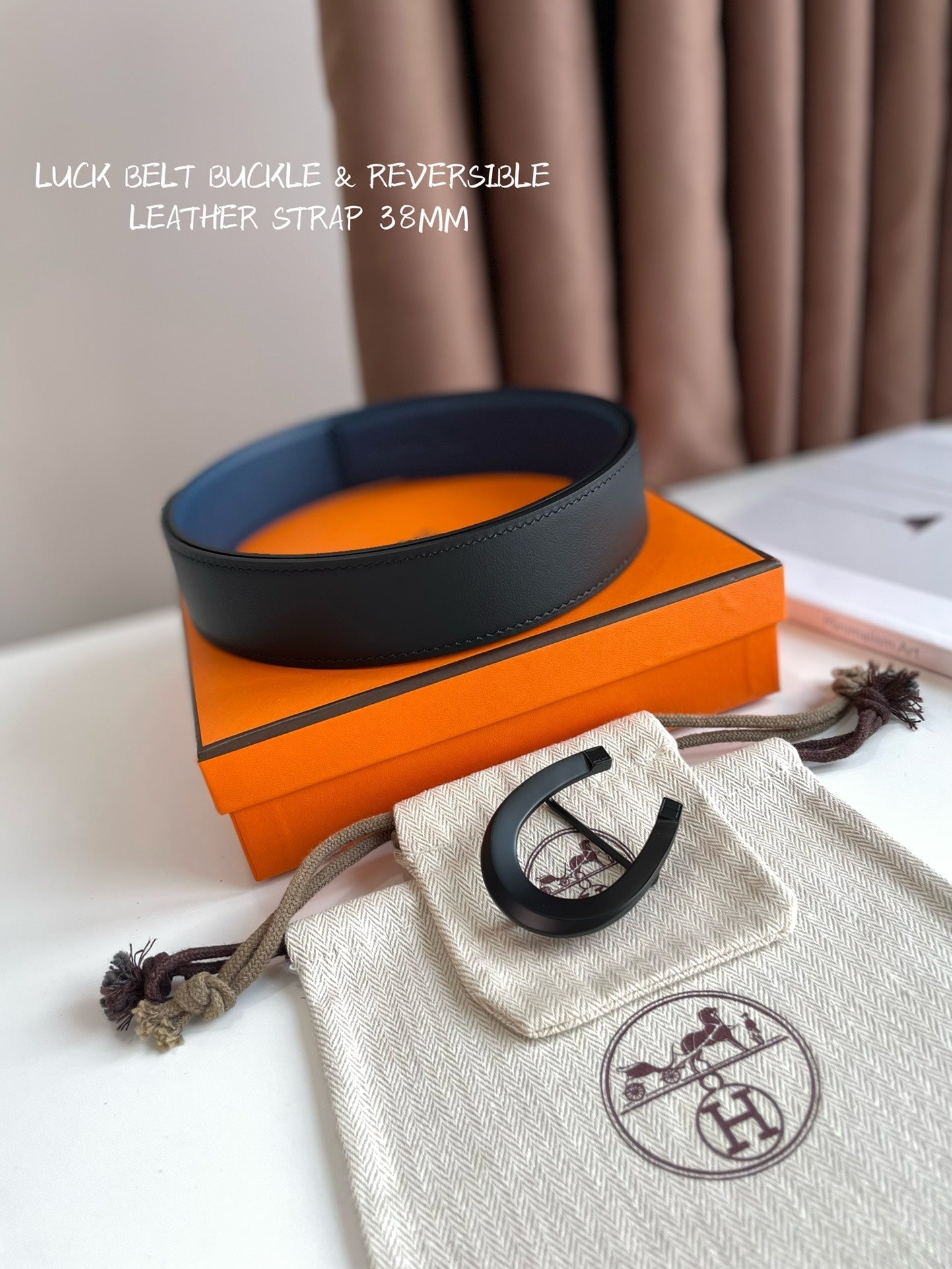 HERMES LUCK BELT BUCKLE & REVERSIBLE BLACK AND NAVY BLUE LEATHER STRAP 38MM