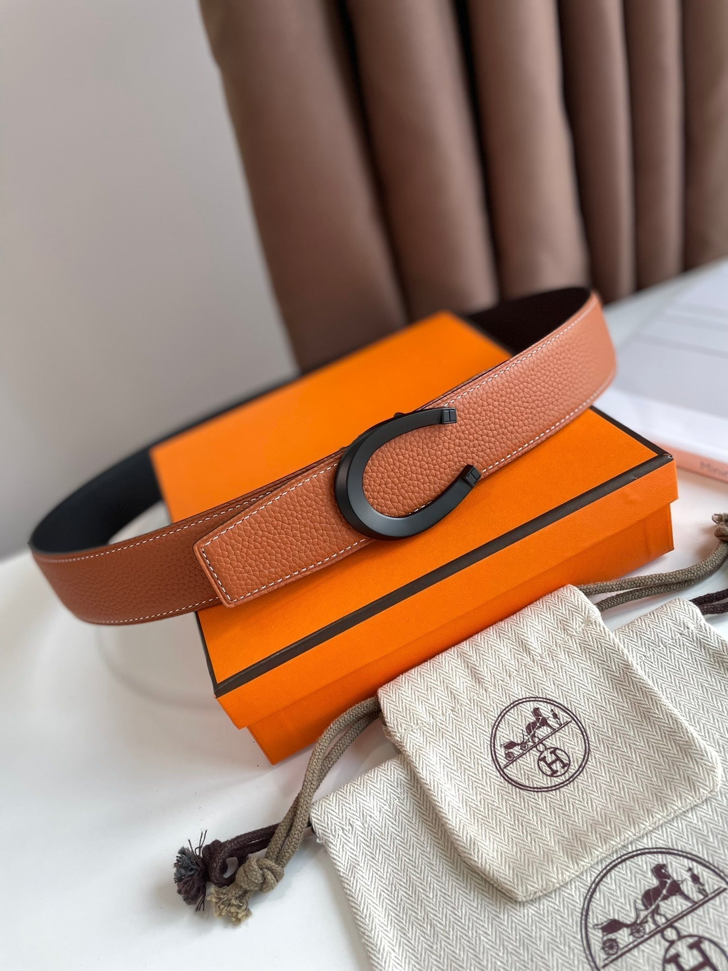 HERMES LUCK BELT BUCKLE & REVERSIBLE GINGER ORANGE AND BLACK LEATHER STRAP 38MM