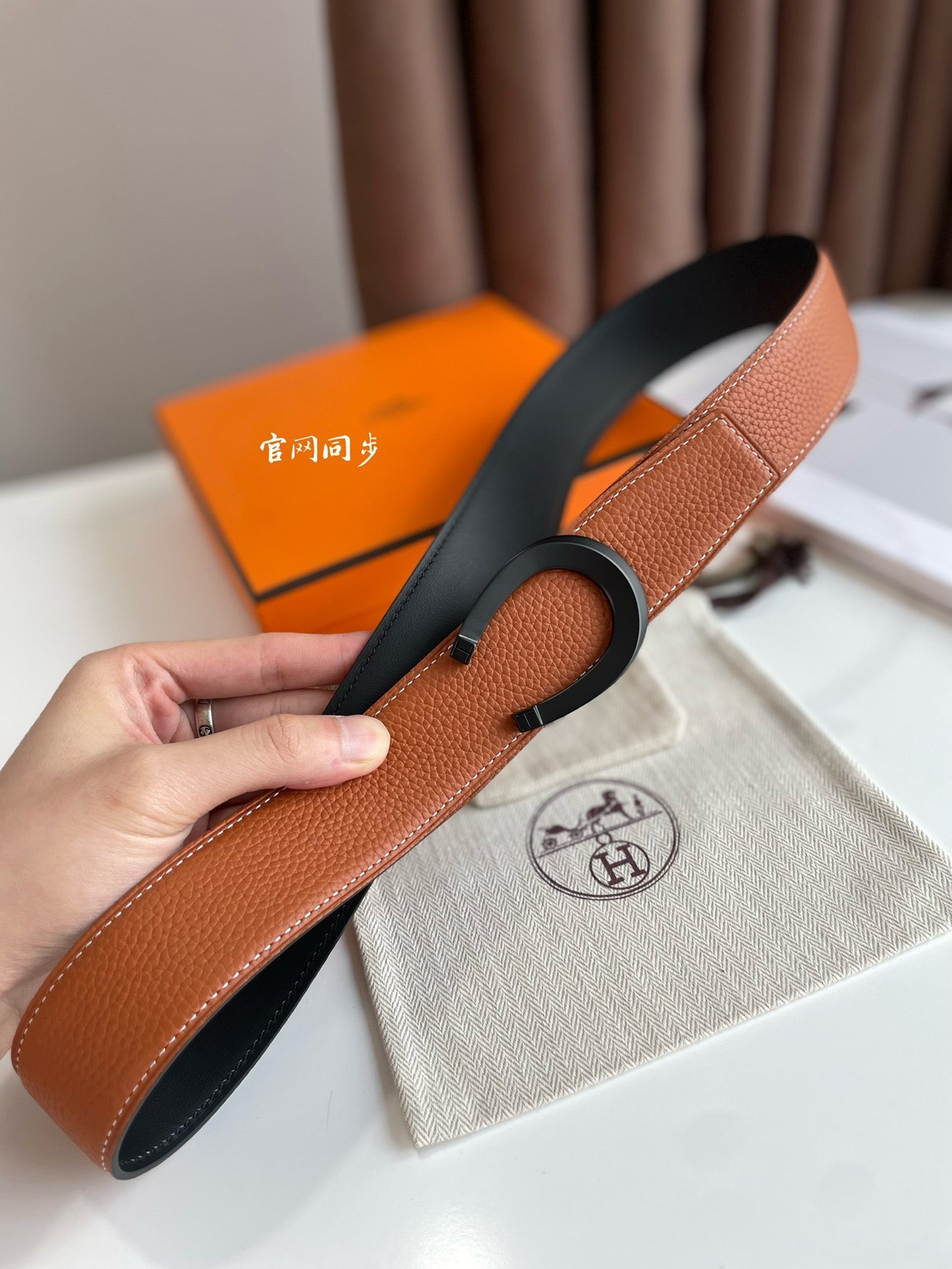 HERMES LUCK BELT BUCKLE & REVERSIBLE GINGER ORANGE AND BLACK LEATHER STRAP 38MM
