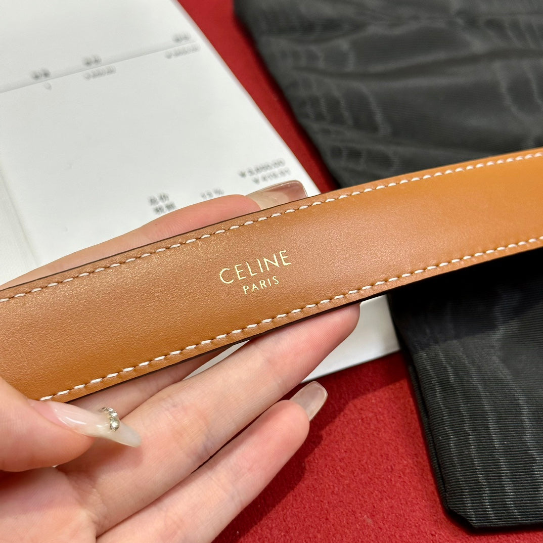 CELINE TRIOMPHE BELT 25MM REVERSIBLE IN DARK BROWN LOGO PRINT AND BROWN CALFSKIN WITH GOLD BUCKLE