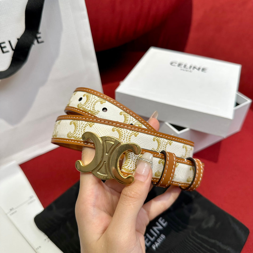 CELINE BELT 25MM IN WHITE AND BROWN CALFSKIN WITH LOGO PRINT AND GOLD BUCKLE