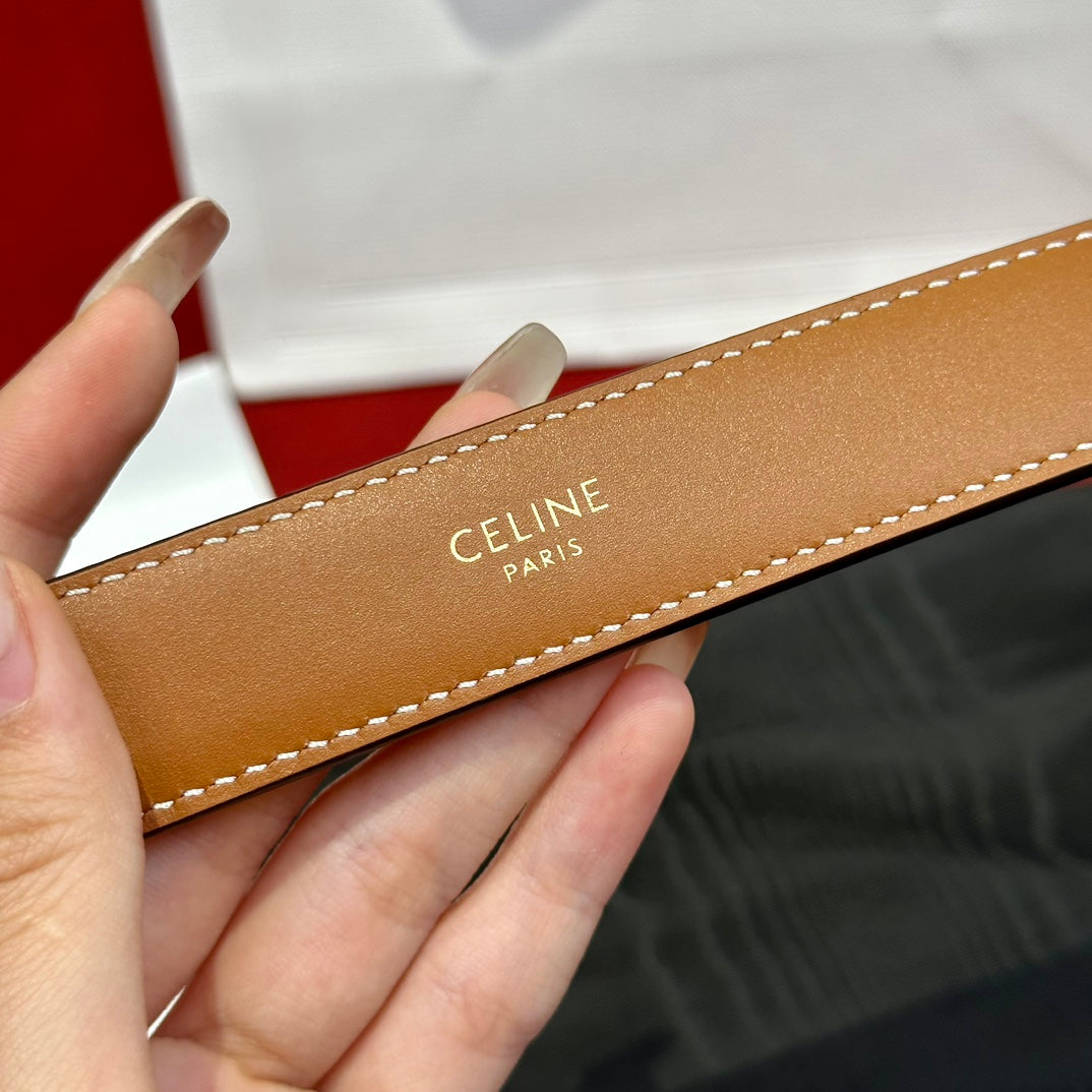 CELINE BELT 25MM IN WHITE AND BROWN CALFSKIN WITH LOGO PRINT AND GOLD BUCKLE