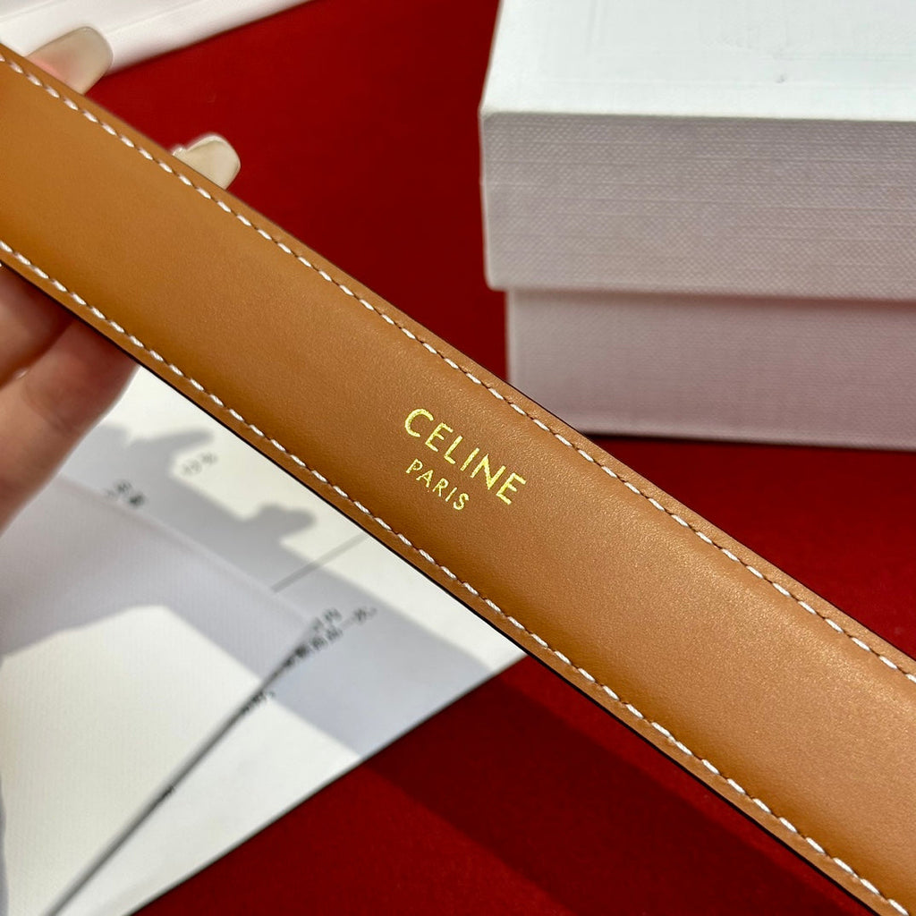 CELINE TRIOMPHE BELT 25MM REVERSIBLE IN WHITE LOGO-PRINT AND BROWN CALFSKIN WITH GOLD BUCKLE