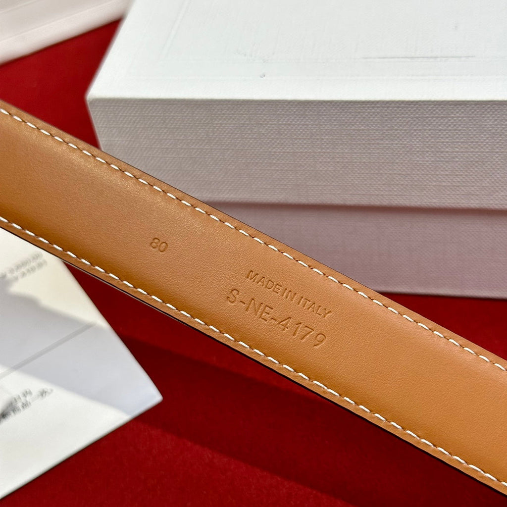 CELINE TRIOMPHE BELT 25MM REVERSIBLE IN WHITE LOGO-PRINT AND BROWN CALFSKIN WITH GOLD BUCKLE