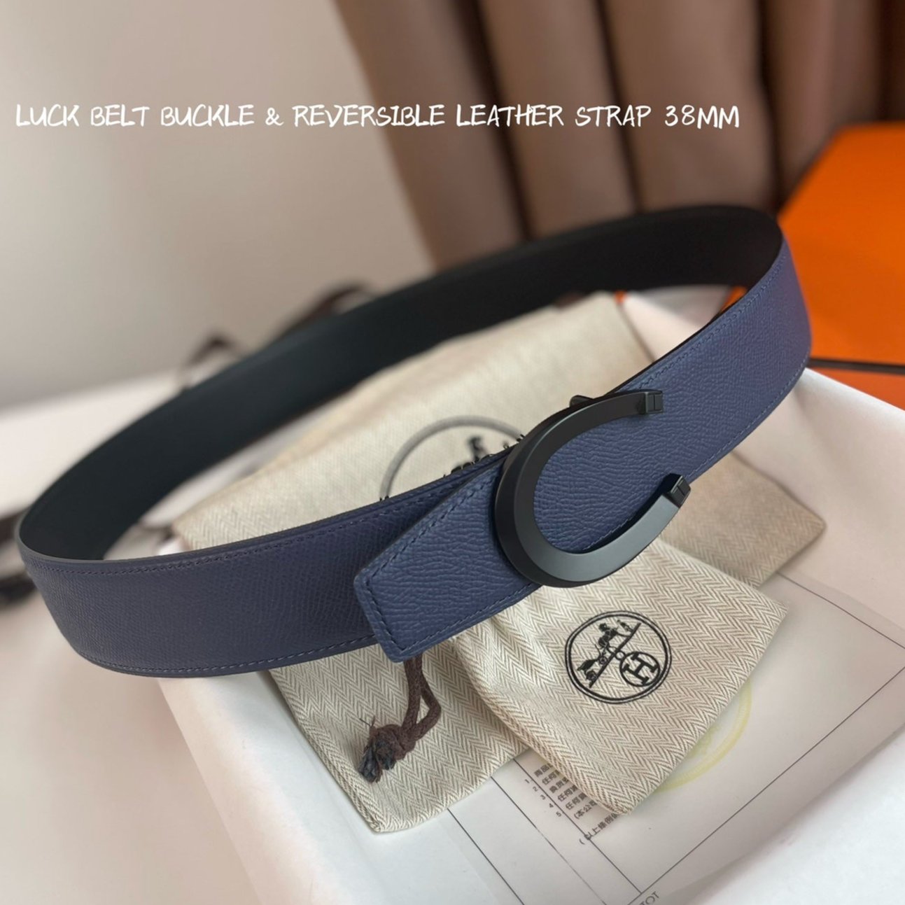 HERMES LUCK BELT BUCKLE & REVERSIBLE AEGEAN BLUE AND BLACK LEATHER STRAP 38MM BLACK HARDWARE