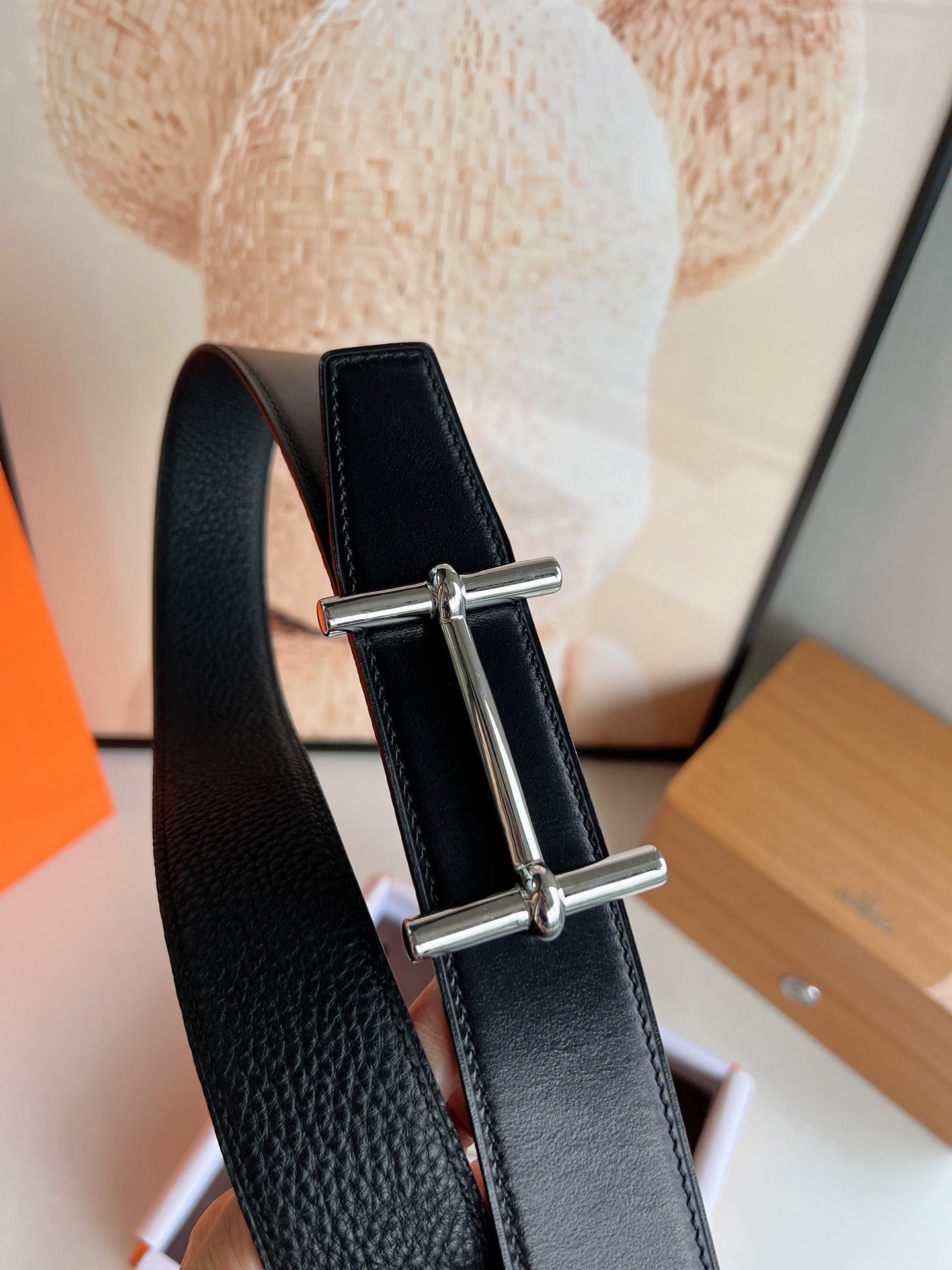 HERMES H D'ANCRE BELT BUCKLE & REVERSIBLE BLACK LEATHER STRAP 38 MM SILVER HARDWARE