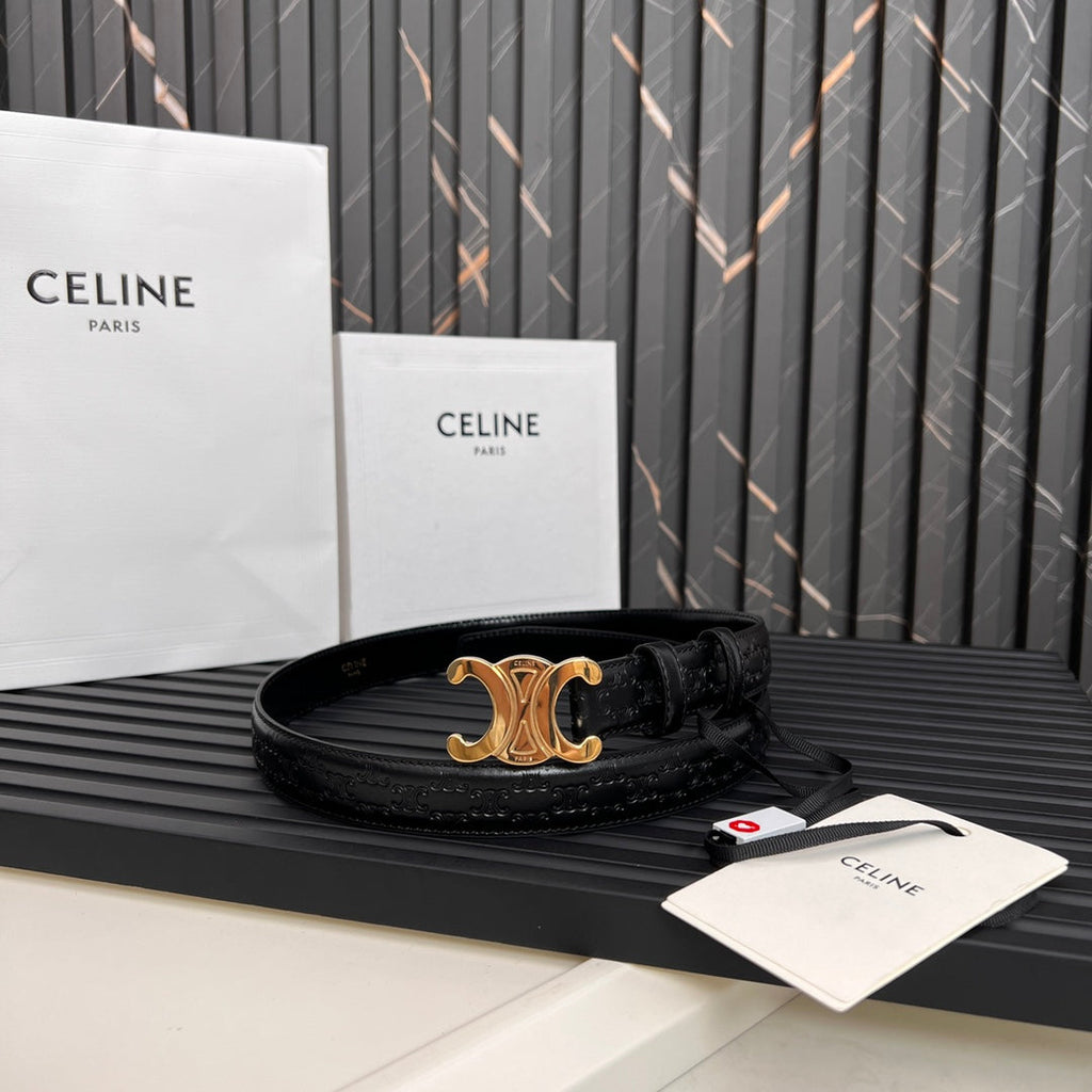 CELINE CL TRIOMPHE 25 MM BELT IN BLACK CALFSKIN GOLD HARDWARE