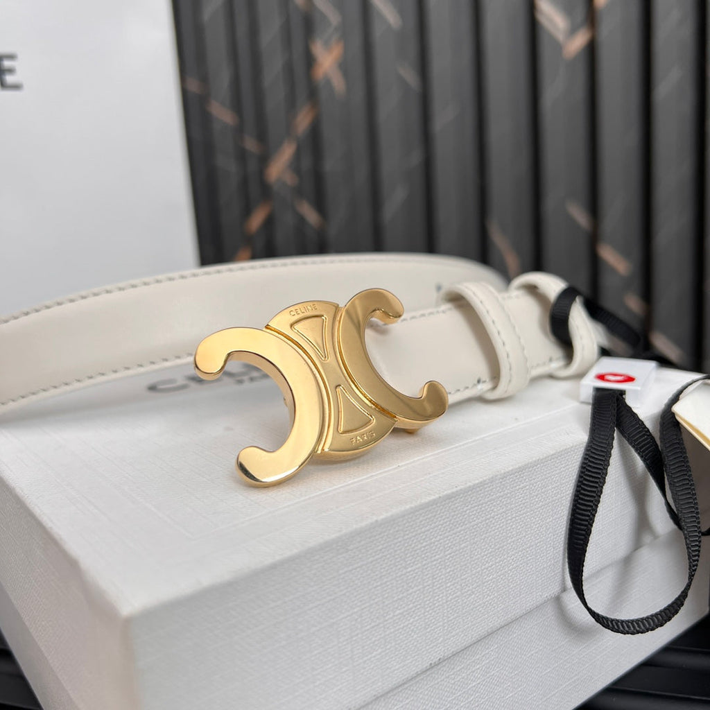 CELINE CL TRIOMPHE 25 MM BELT IN WHITE CALFSKIN GOLD HARDWARE