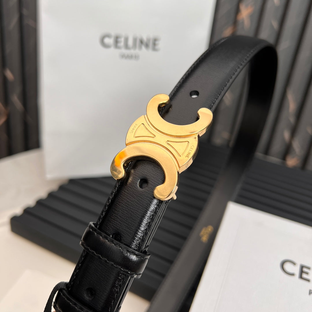 CELINE CL TRIOMPHE 25 MM BELT IN BLACK SOLF CALFSKIN GOLD HARDWARE