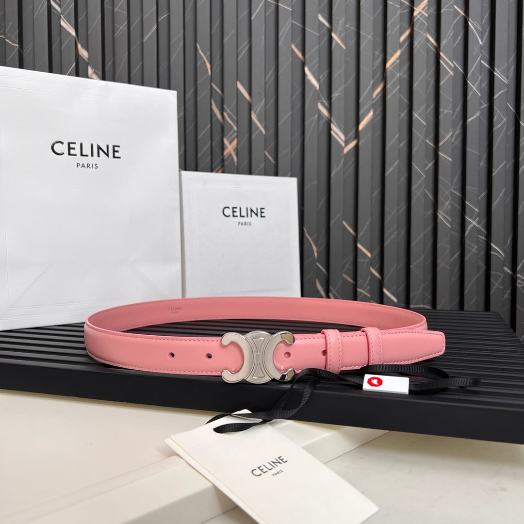 CELINE TRIOMPHE 25 MM BELT IN BLUSH PINK CALFSKIN SILVER HARDWARE