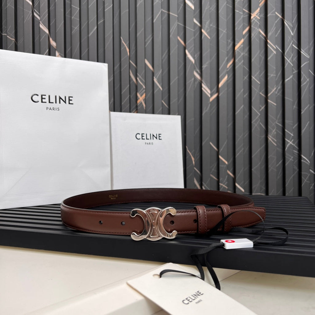 CELINE TRIOMPHE 25 MM BELT IN DARK BROWN CALFSKIN SILVER HARDWARE
