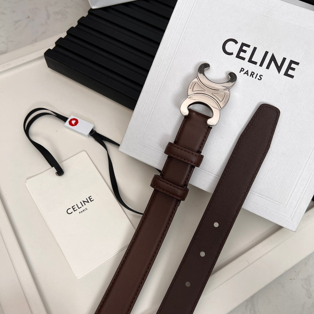 CELINE TRIOMPHE 25 MM BELT IN DARK BROWN CALFSKIN SILVER HARDWARE