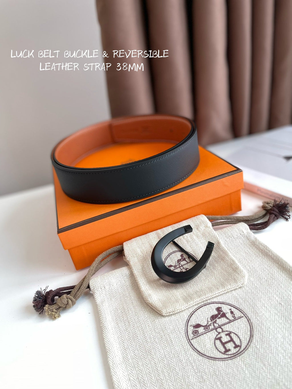 HERMES LUCK BELT BUCKLE & REVERSIBLE GINGER ORANGE LEATHER STRAP 38MM BLACK HARDWARE