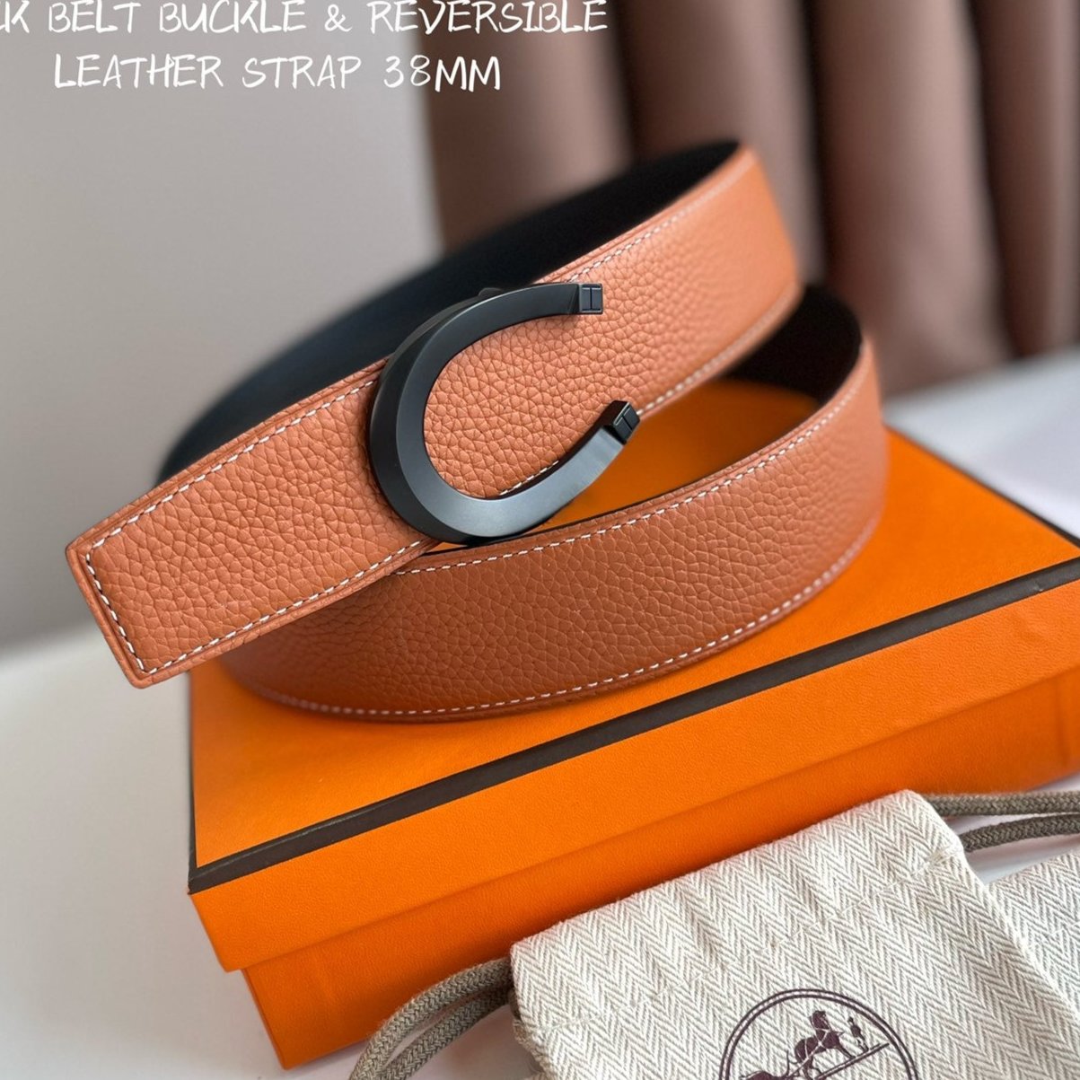 HERMES LUCK BELT BUCKLE & REVERSIBLE GINGER ORANGE LEATHER STRAP 38MM BLACK HARDWARE