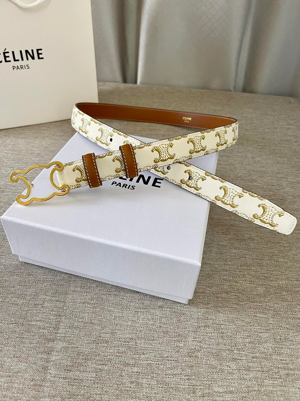 CELINE CL logo Cut-out Belt 25mm White Tan Triomphe Canvas Ghw