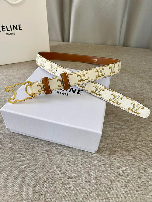 CELINE CL logo Cut-out Belt 25mm White Tan Triomphe Canvas Ghw